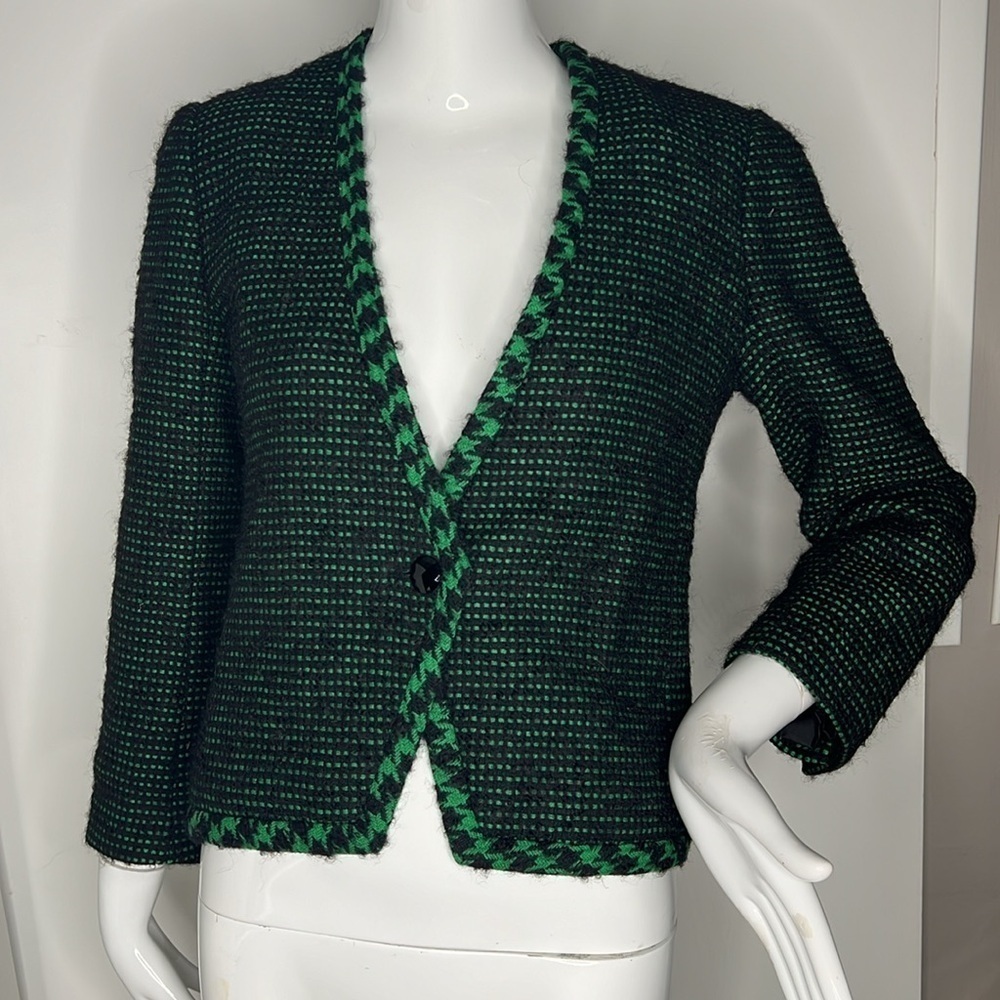 Nina Ricci Boutique Vintage Sz 36 Green Black Wool Boucle Single Button Blazer